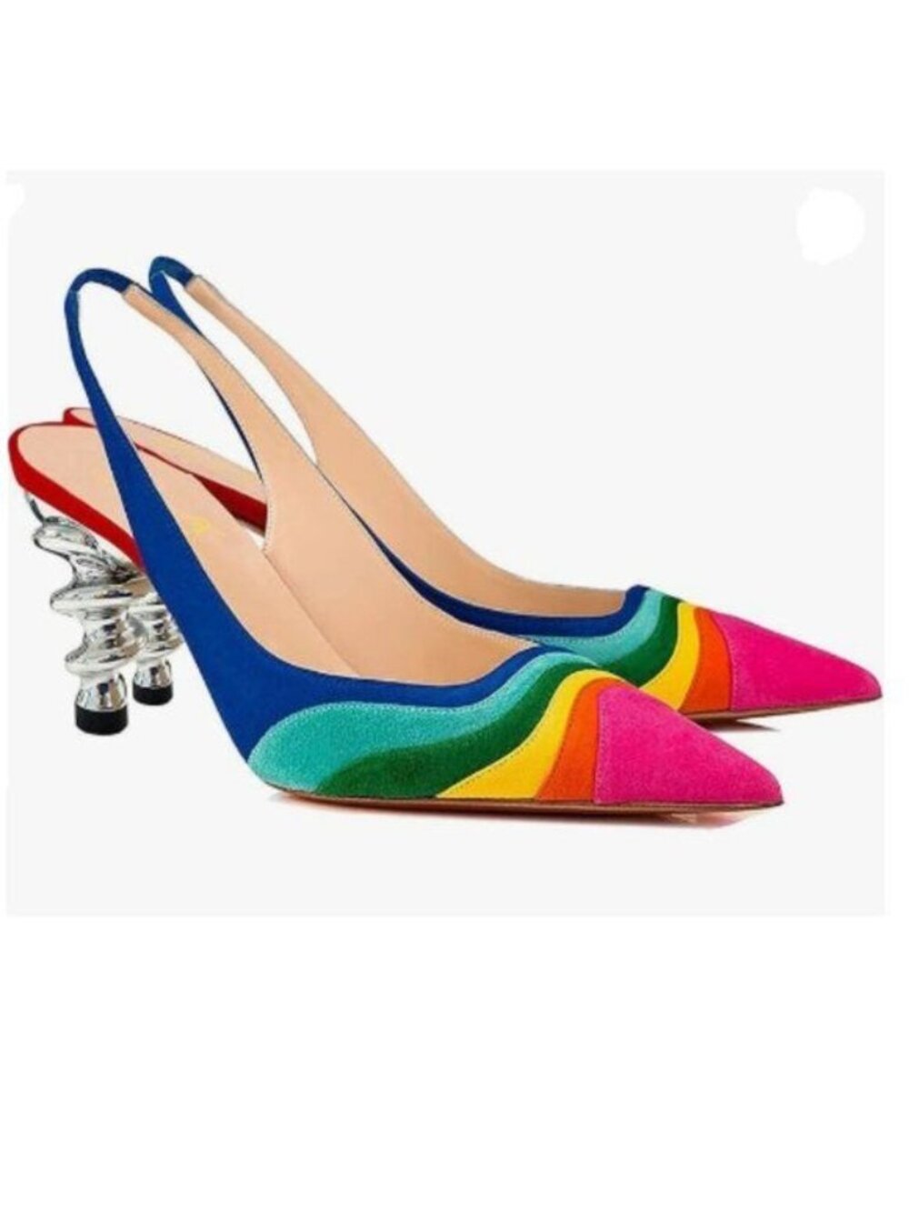 FOWT Bright Rainbow Pointed Toe Kitten Heeled Slingback Pumps Sandals Shoes